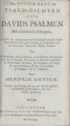 Den hoonig-raat der psalm-dichten ofte Davids psalmen met d'andere lof-sangen, Hendrik Ghijsen