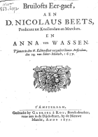 Bruilofts eer-gaef, aen D. Nicolaus Beets, Predicant tot Knollendam en Marcken. en Anna van Wassen, Anoniem Bruilofts eer-gaef, aen D. Nicolaus Beets [...] en Anna van Wassen