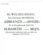 Huwelijks-zegen, aan d'eerwaarde bruidegom Adrianus vander Singel, en de deugdlievende bruit Elisabeth vander Mijn, Isaac van der Mijn