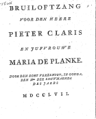 Bruiloftzang voor den heere Pieter Claris en jufvrouwe Maria de Planke, Joachim Oudaen