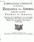 Rampzaligh sterflot, van juffertje Zuzanna des Amorie, jongste dochter van den heere Thomas des Amorie, Kornelis Westerbaen Willemsz.