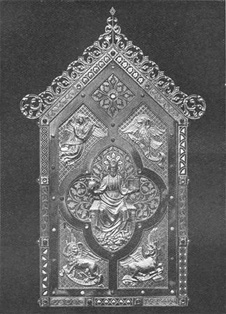TABERNAKELBEKLEEDING IN VERGULD KOPER - GEDREVEN MET EMAIL EN STEENEN - UITGEVOERD DOOR DE KONINKLIJKE KUNSTWERKPLAATSEN ESSER TE WEERT (LIMB.).