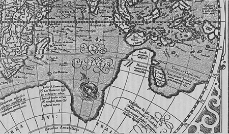 De Indische Oceaan volgens Mercator. Kaart van Rumoldus Mercator, 1587.