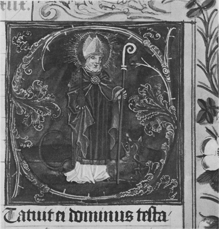 2. Miniatuur voorstellend Sint-Servatius, f. 161 in Missale van Sint-Servatiuskerk te Maastricht (hs nr. 18125 in de Kon. Bibl., Brussel). Zie bl. 140.