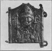 81. Looden bedevaartplaatje voorstellend de relikwiebuste van Sint-Servatius. (Penningkabinet, Kon. Bibl. Brussel). Zie bl. 150.