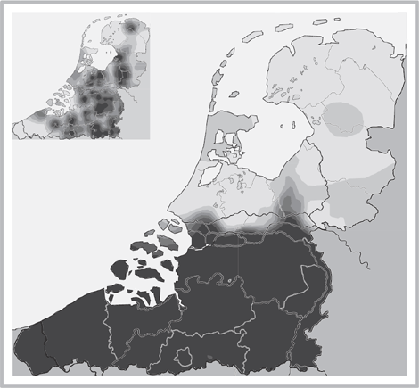 komen versus gekomen

Kaartje 1: donkergekleurd is op de kaart het gebied waarin comen (voltooid deelwoord) nog ghe-loos is. Linksboven is een inzetkaart toegevoegd waarop de frequentie van het voorkomen van comen (met en zonder ghe-) is weergegeven.