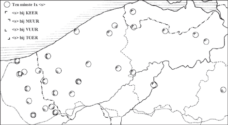 KAART 2 (zuidwesten van het taalgebied: Vlaams & zuidwestelijk Brabants) <s>-meervouden bij keer - muur - vuur - toer