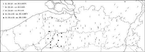 KAART 3 (zuidelijke dialecten: Vlaams, centraal & zuidelijk Brabants, Limburgs) Enkelvoud BLAD - meervoud BLAREN