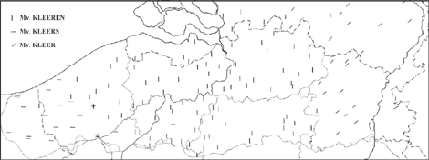 KAART 5 (zuidelijke dialecten: Vlaams, centraal & zuidelijk Brabants, Limburgs) De meervoudsvormen van KLEER(EN/S)