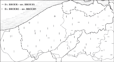 KAART 6 (zuidwesten van het taalgebied: Vlaams en zuidwestelijk Brabants) Enkelvoud BROER(E) - meervoud BROERS
