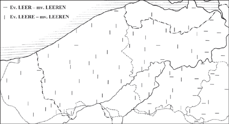 KAART 7 (zuidwesten van het taalgebied (Vlaams & zuidwestelijk Brabants) Enkelvoud LEER(E) (ladder) - meervoud LEEREN