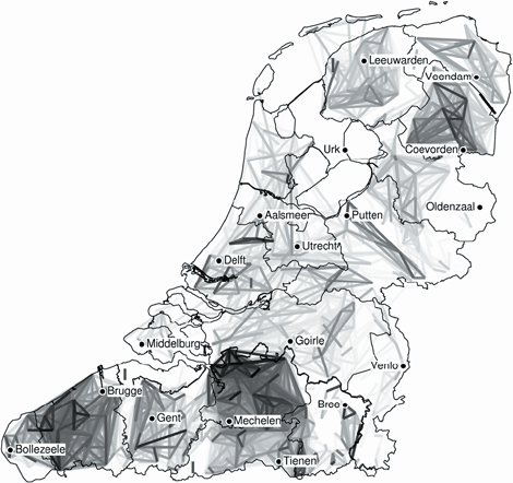 Figure 2: Average Levenshtein distance among 613 GTRP varieties. Darker lines connect close varieties, lighter lines more distant ones. We suggest that this view is confounded by differences in transcription practice. See the text for discussion, and see Figure 5 (below) for the view we defend.