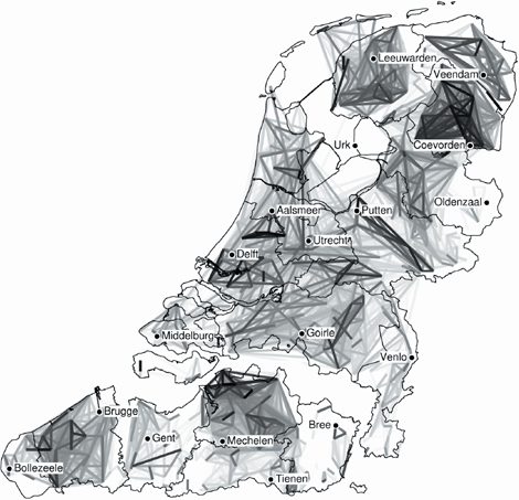 Figure 5: Average Levenshtein distance between 613 GTRP varieties. Darker lines connect close varieties, lighter lines more distant ones. The maps of the Netherlands (top) and Belgium (bottom) must be considered independently.