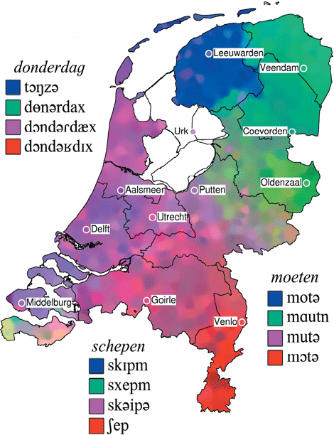 Figure 6: The GTRP data of the Netherlands reduced to its three most important dimensions via MDS (accounting for roughly 88% of dialect variation). Pronunciations of the word moeten ‘must’, donderdag ‘Thursday’, and schepen ‘ships’ correlate most strongly with the first, second and third MDS dimensions respectively.