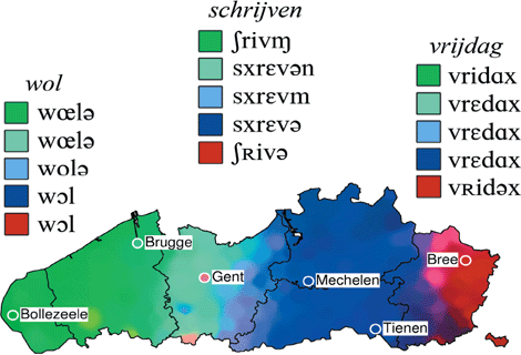 Figure 7: The GTRP data of Belgium reduced to its three most important dimensions via MDS (accounting for roughly 88% of dialect variation). Pronunciations of the word wol ‘wool’, schrijven ‘write’ and vrijdag ‘Friday’ correlate most strongly with the first, second and third MDS dimension respectively.