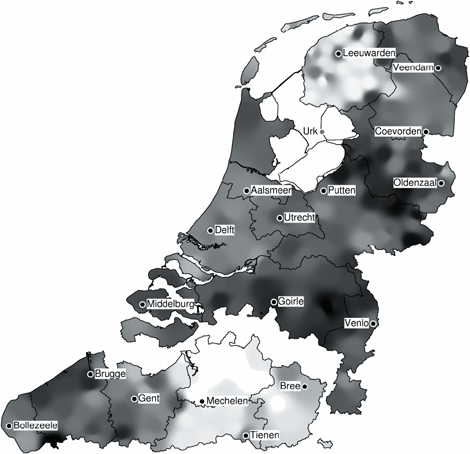Figure 9: Grey tones represent values of the first component obtained with principal component analysis applied to the residues shown in Figure 8. Varieties which have the same pattern of relative convergence and divergence with respect to other varieties show similar grey tones. Thus Friesland and East Flanders house groups of dialects which have developed similarly within the two countries, and in fact, convergently. The maps of the Netherlands and Belgium should be interpreted independently from each other.