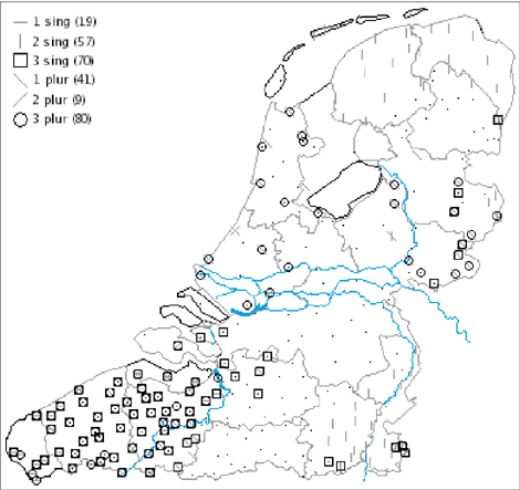 Kaart 4: geografische distributie van voegwoordvervoeging (Barbiers e.a. 2005)
