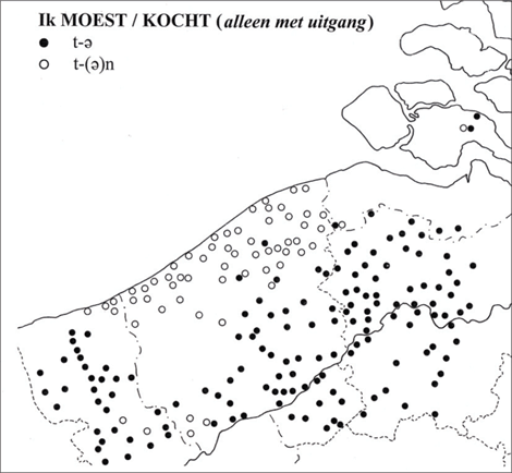 Kaart 8: ik kocht / ik moest, vormen met fonologisch uitgespelde uitgang (RND nrs. 88 en 96)