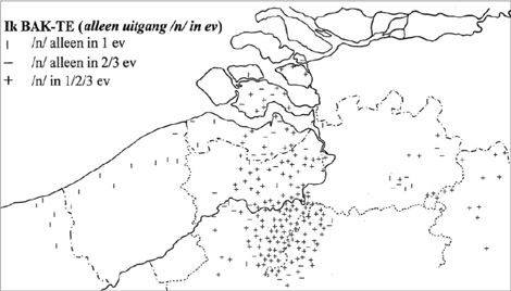 Kaart 10: ik/jij/hij bakte, alleen vormen op /n/ (RND, nr. 113)