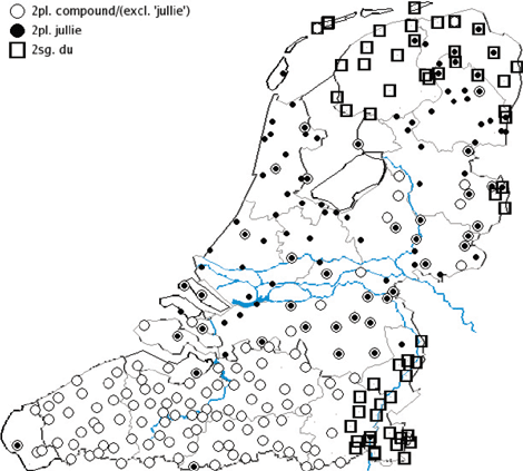 Kaart: verspreiding van 2enk. du, 2mv. jullie en andere 2mv. lieden-composita (bron: SAND-1)