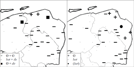 Kaart 4. SAND (zin 70):Kaart 4 is gebaseerd op data uit de mondelinge enquête.

Als Pieter en Liesje in het paradijs leven, dan opeten.

leven Rosa en Frans in de hel.

Kaart 5. SAND (zinnen 26 en 247):Kaart 5 is grotendeels gebaseerd op data van de mondelinge enquête, aangevuld met gegevens uit de schriftelijke enquête.

Jan had het hele brood wel willen

Doe het brood even snijden.