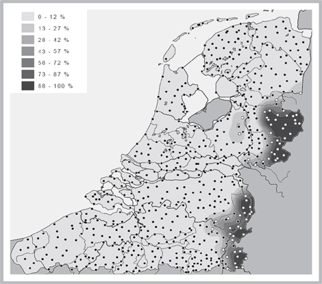 Kaart 2. Gebieden met het woordpaar moes/muuse (donker) versus woordparen zonder umlaut