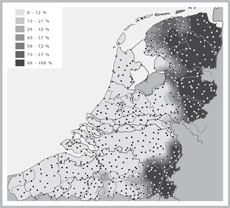 Kaart 3. Enkelvoud moes (donker) tegenover muus en andere vormen van muis zonder achterklinker