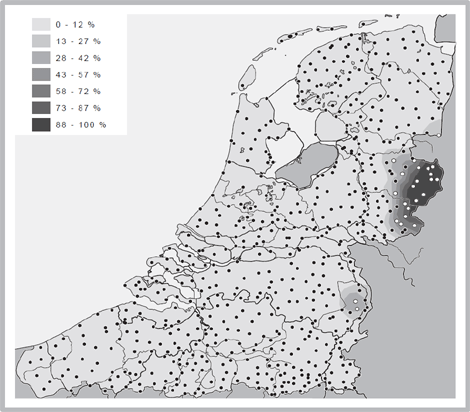 Kaart 4. Gebieden met het woordpaar hoes/huuse (donker) versus woordparen zonder umlaut