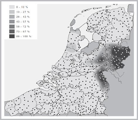 Kaart 6. Gebieden met e-meervoud bij huus/hoes (donker) versus andere meervouden
