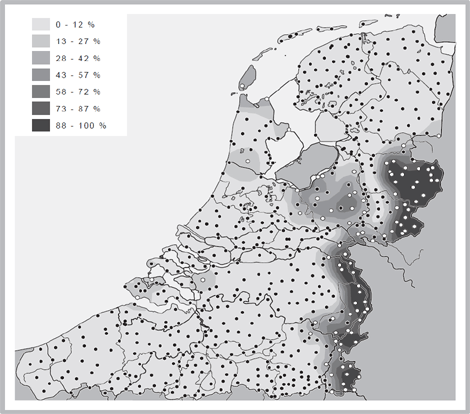 Kaart 7. Gebieden met e-meervoud bij muus/moes (donker) versus andere meervouden