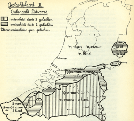 Kaart 8. Genusonderscheid in de Nederlandse dialecten op basis van het onbepaalde lidwoord volgens Van Ginneken (1937)