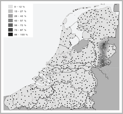 Kaart 10. Overlapgebied van spontane palatalisatie en umlaut bij huus/huuse