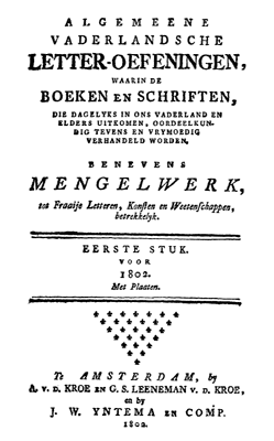 Titelpagina van Vaderlandsche letteroefeningen. Jaargang 1802