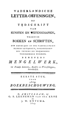Titelpagina van Vaderlandsche letteroefeningen. Jaargang 1815