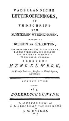 Titelpagina van Vaderlandsche letteroefeningen. Jaargang 1819