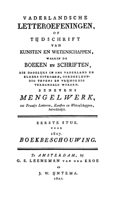Titelpagina van Vaderlandsche letteroefeningen. Jaargang 1827