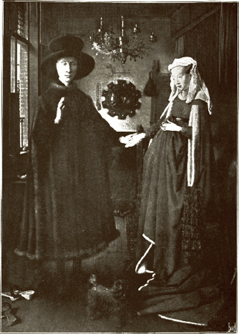 Jan van Eyck

(± 1390 (?) + 1440)

JAN ARNOLFINI EN ZIJNE HUISVROUW JEANNE DE CHENANY.

Londen, National Gallery Nr 186.