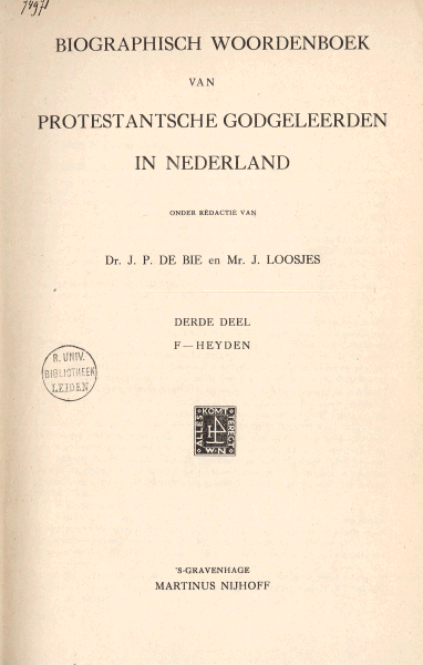 Titelpagina van Biographisch woordenboek van protestantsche godgeleerden in Nederland. Deel 3
