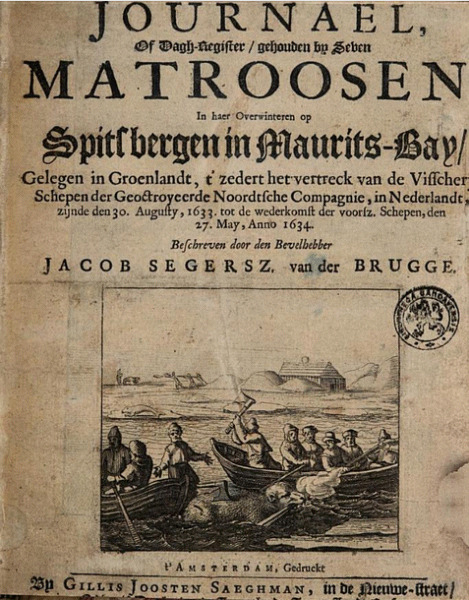 Titelpagina van Journael, of dagh-register, gehouden by seven matroosen, in haer overwinteren op Spitsbergen in Maurits-bay, gelegen in Groenlandt