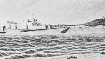 St. George d'Elmina op de westkust van Afrika (± 1840), waar de West-Indische Compagnie slaven inkocht.