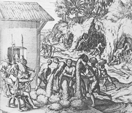 De Spaanse Conquistadores met de eerste zwarte slaven, die zij naar Amerika gebracht hadden.