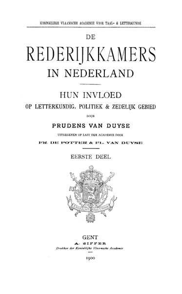 Titelpagina van De rederijkkamers in Nederland. Deel 1