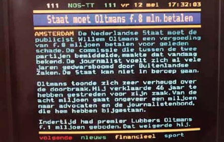 12 mei 2000: Teletekst maakt melding van de uitkomst van de arbitragezaak.